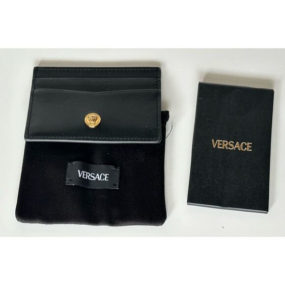 Versace Medusa Head Black Calf Leather Card Case Wallet 1013363 Italy NWT - Picture 1 of 7